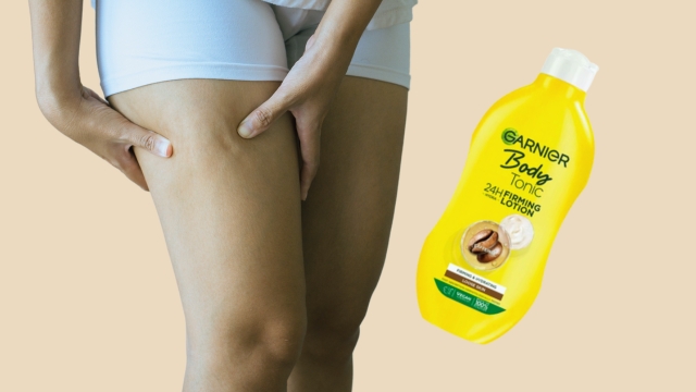 Garnier Body Tonic celulit gel prikazan na slici, dok osoba koristi proizvod na bedrima kako bi poboljšala tonus kože